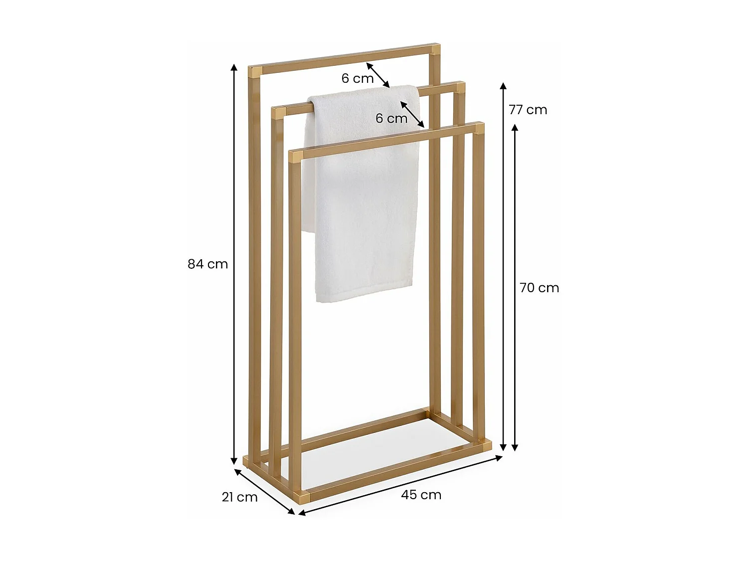 Porte-serviettes sur pied KUNO portant pour vêtements et linge de salle de bain avec 3 niveaux d'étendage, structure en métal doré