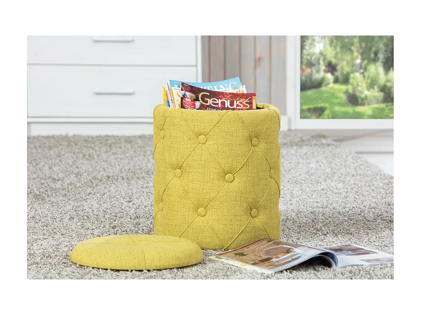 Pouf de Rangement Capitonné "Elio" 40cm Jaune