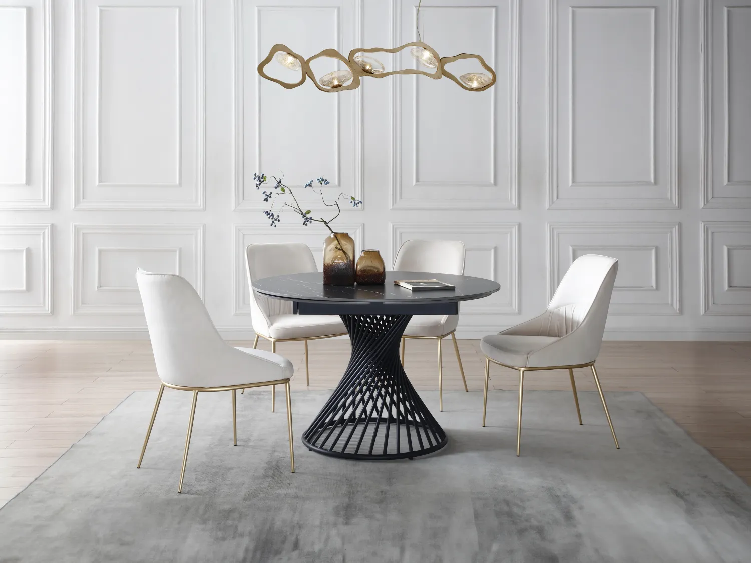 Mesa de comedor extensible de 4 a 8 cubiertos en cerámica y metal - Efecto mármol negro - CASTINA