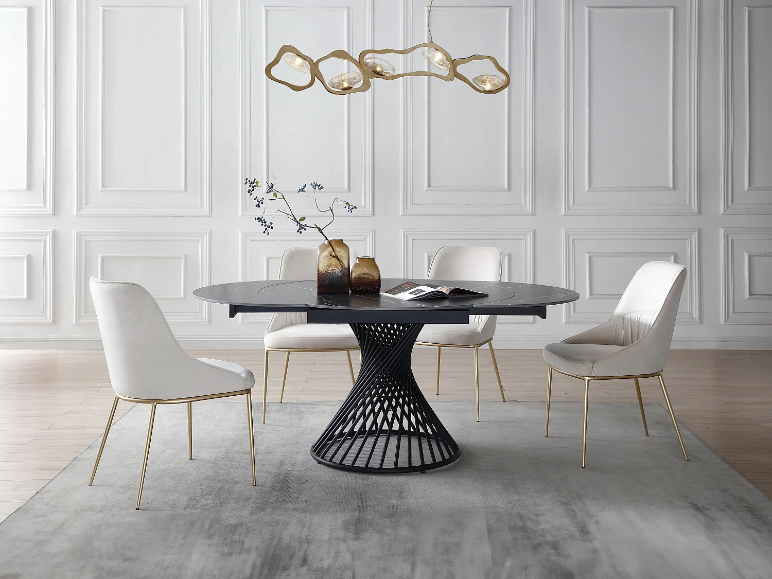 Mesa de jantar extensível 4 a 8 lugares em cerâmica e metal efeito mármore preto - CASTINA