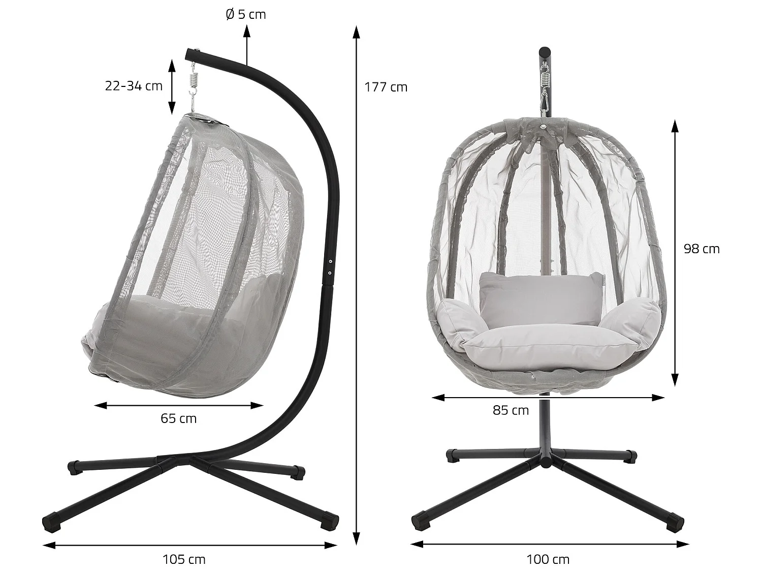 Silla colgante gris columpio forma de huevo + cojín de apoyo ML-DESIGN