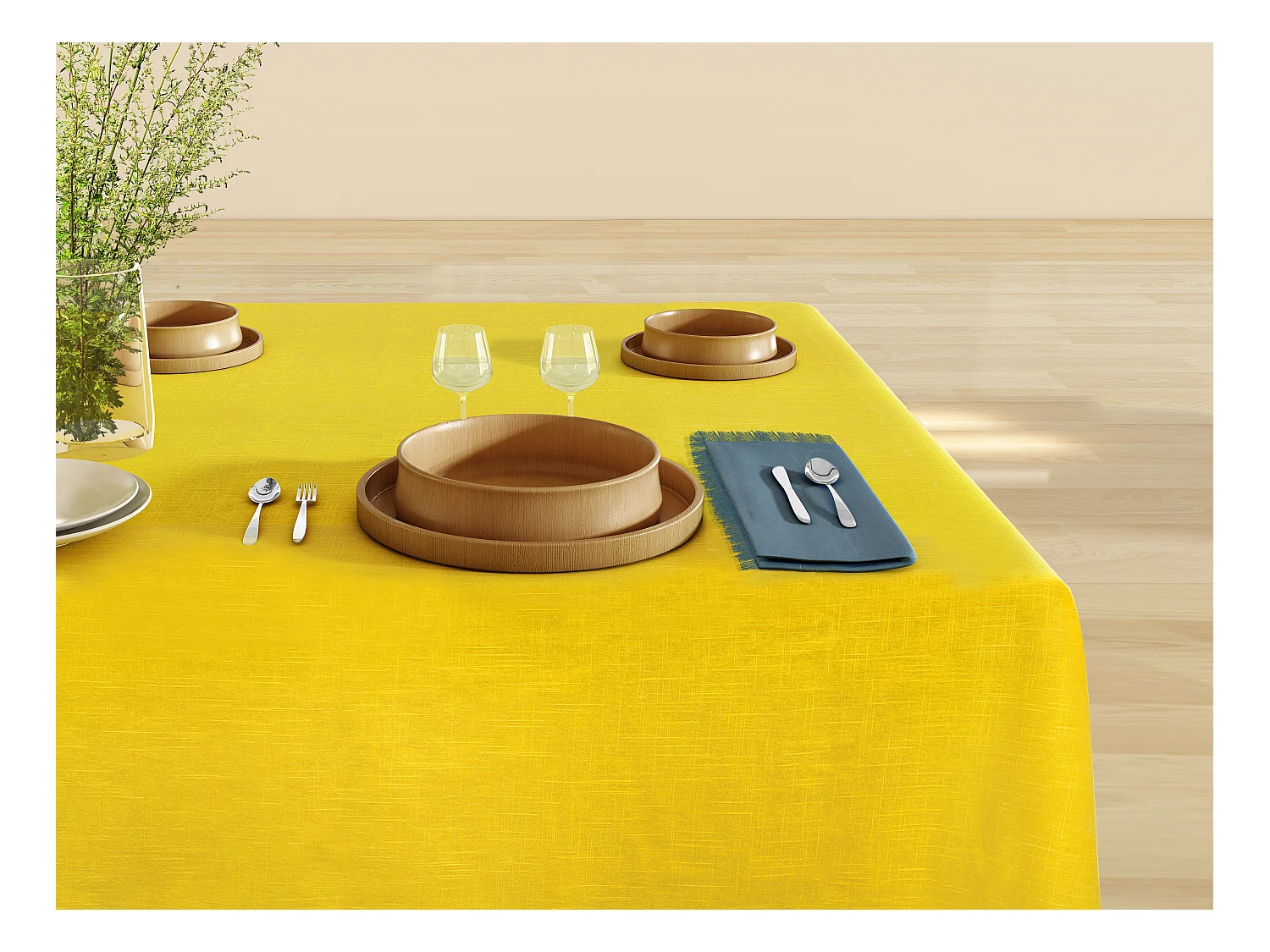 Set Tischdecke + 4 Fransen-Servietten - Baumwolle - Gelb - 140 x 240 cm - POLA