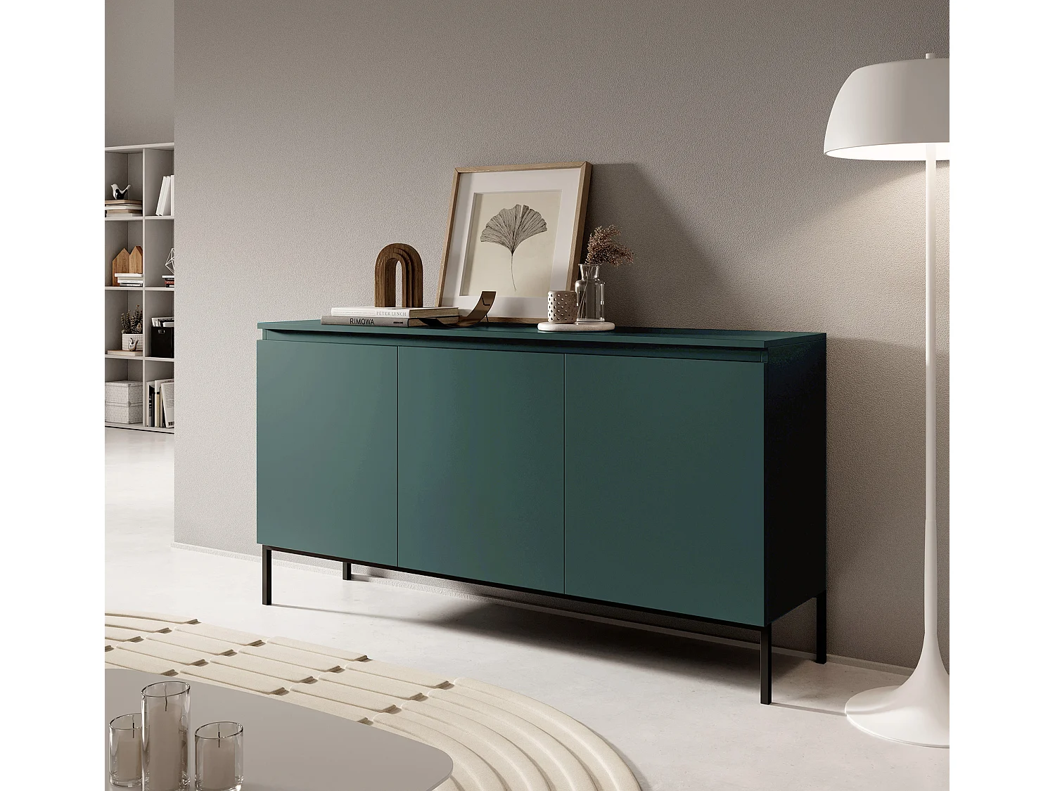 Sideboard 3-türig 150 cm, Dunkelgrün mit Metallbeinen - Bemmi