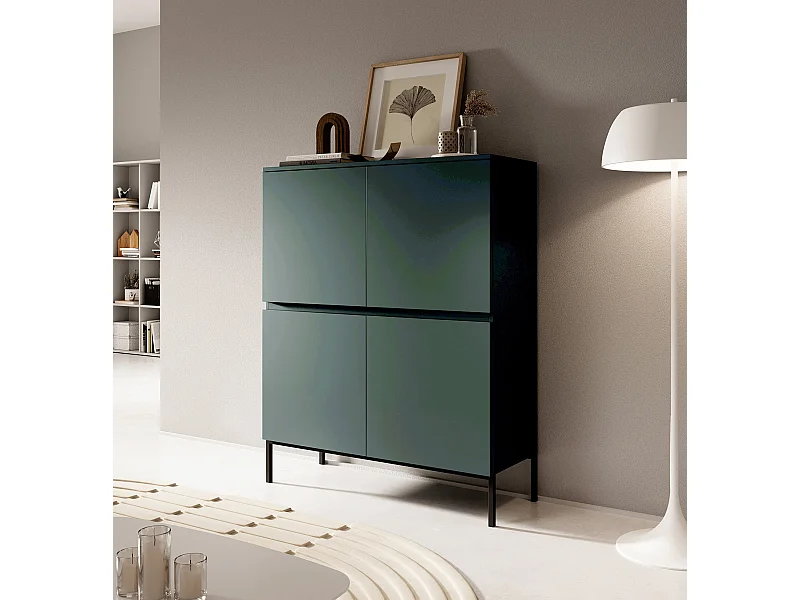 Highboard 4-türig 100 cm, Dunkelgrün mit Metallbeinen - Bemmi