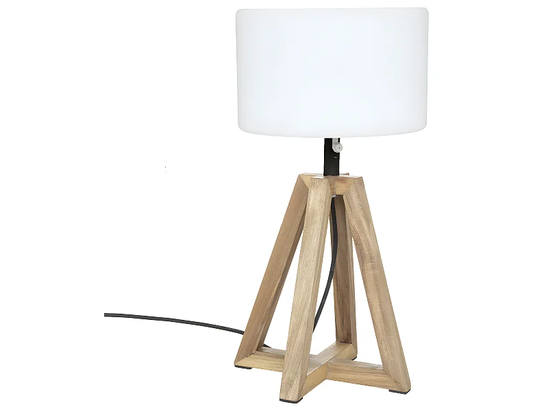 Lampe à poser d'extérieur pieds en Bois d'Acacia et abat-jour Blanc H 58 cm