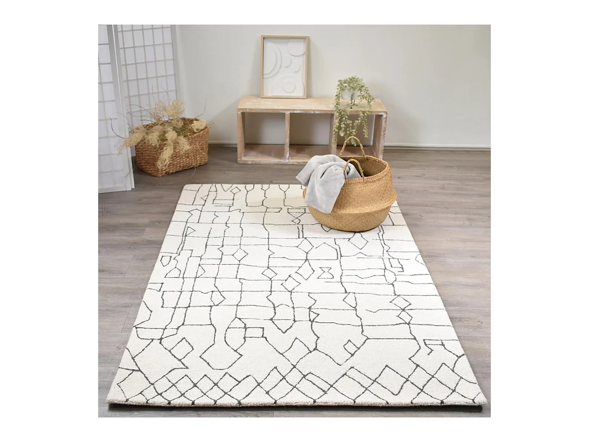 tapis salon 160x230 fait main en laine crème et gris rectangle motif faux uni