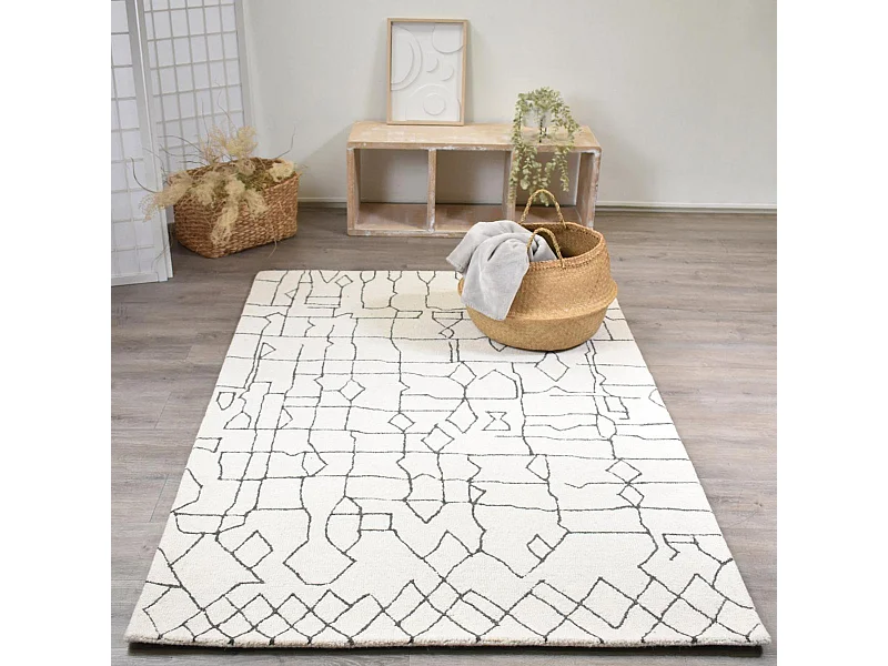 tapis salon 120x170 fait main en laine crème et gris rectangle motif faux uni