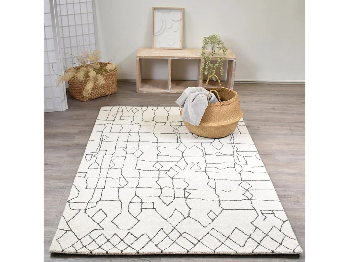 tapis salon 120x170 fait main en laine crème et gris rectangle motif faux uni