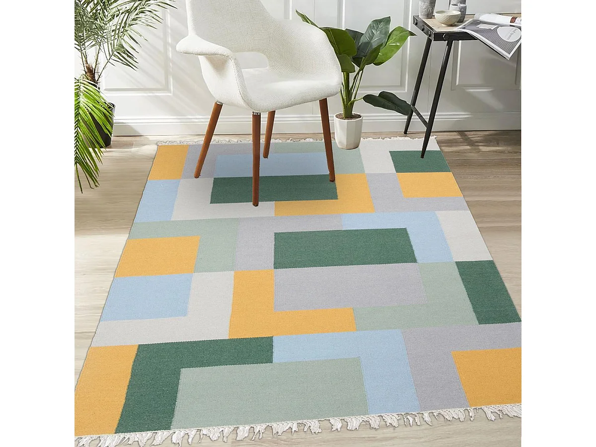 Tapis kilim 200x290 rectangle fait main en laine jaune et vert