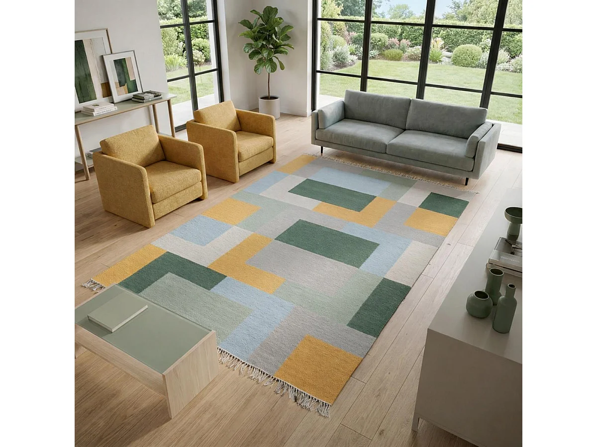 Tappeto Kilim 200x290 rettangolo realizzato a mano in lana gialla e verde
