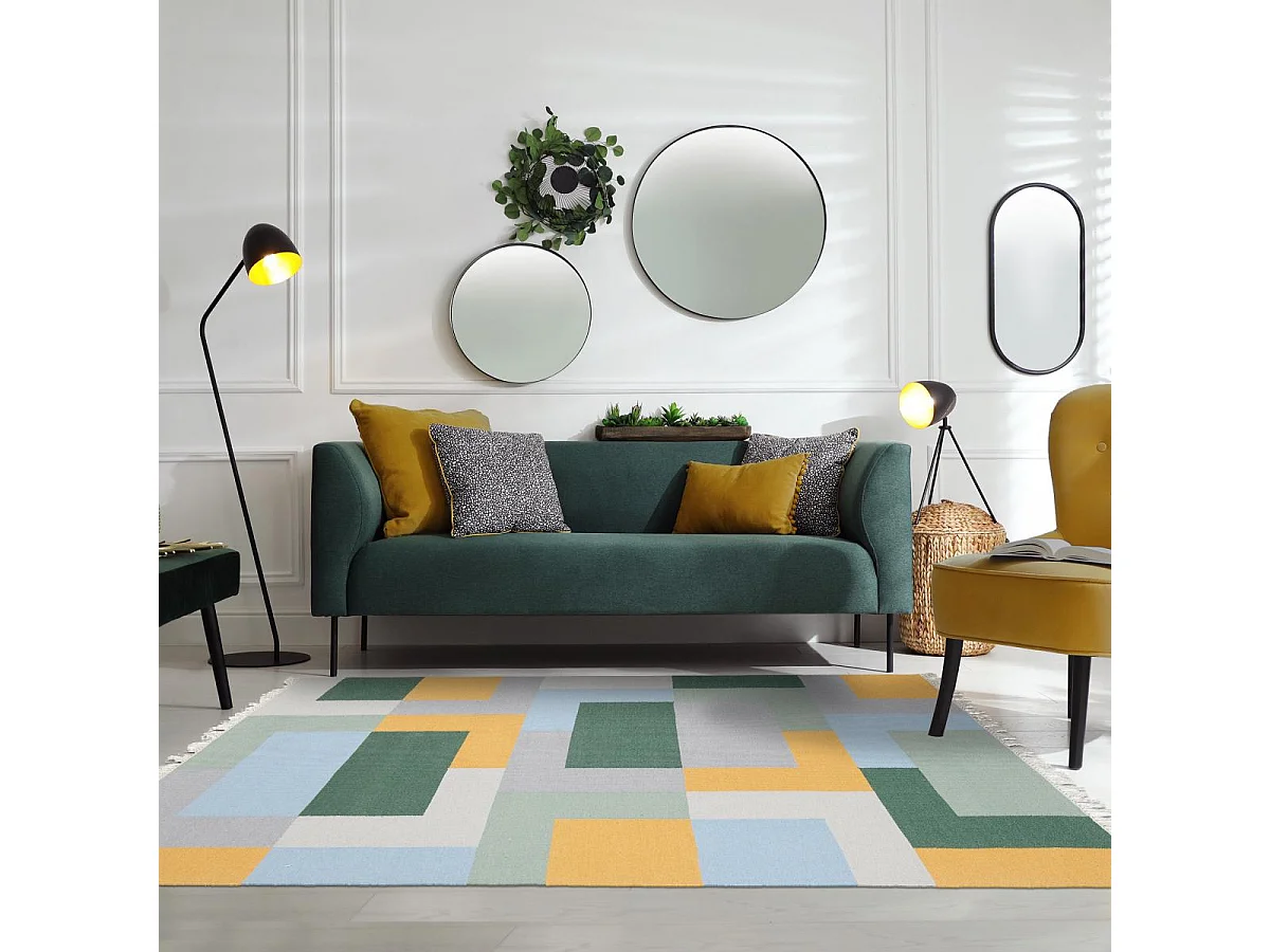 Tappeto Kilim 200x290 rettangolo realizzato a mano in lana gialla e verde