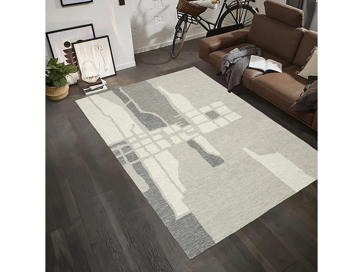 tapis salon 120x170 fait main en laine gris et crème motif géométrique