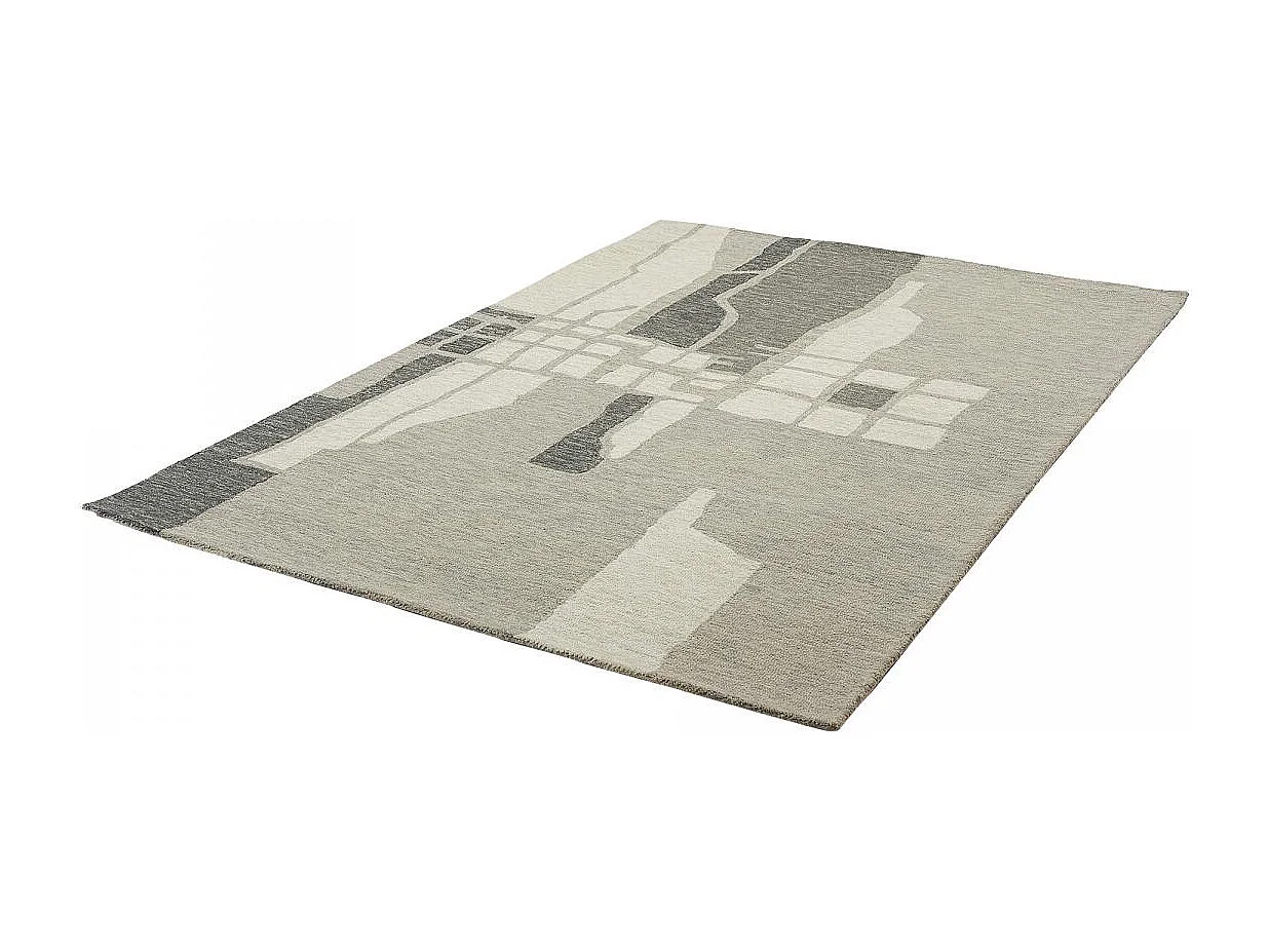 tapis salon 120x170 fait main en laine gris et crème motif géométrique