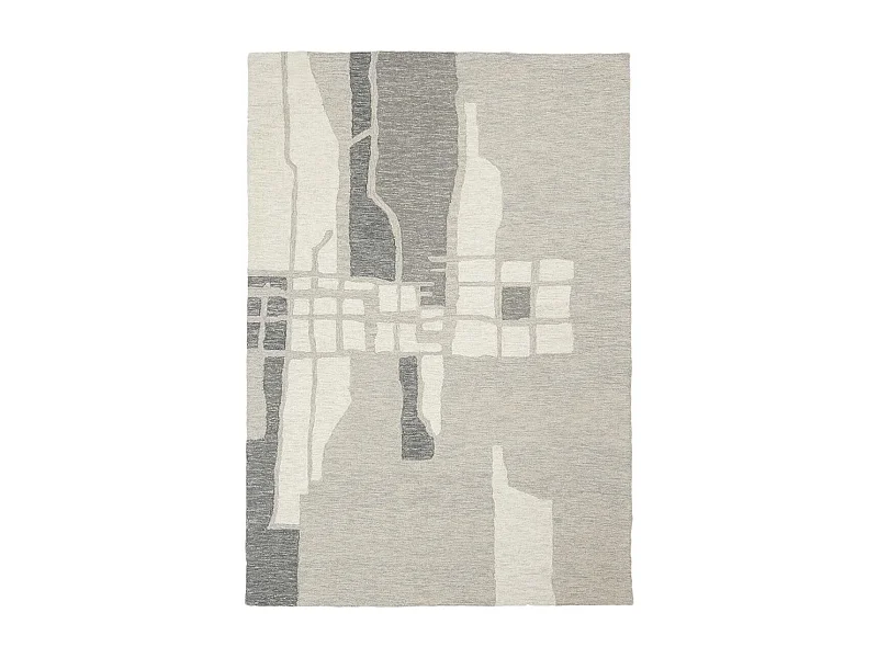 tapis salon 120x170 fait main en laine gris et crème motif géométrique