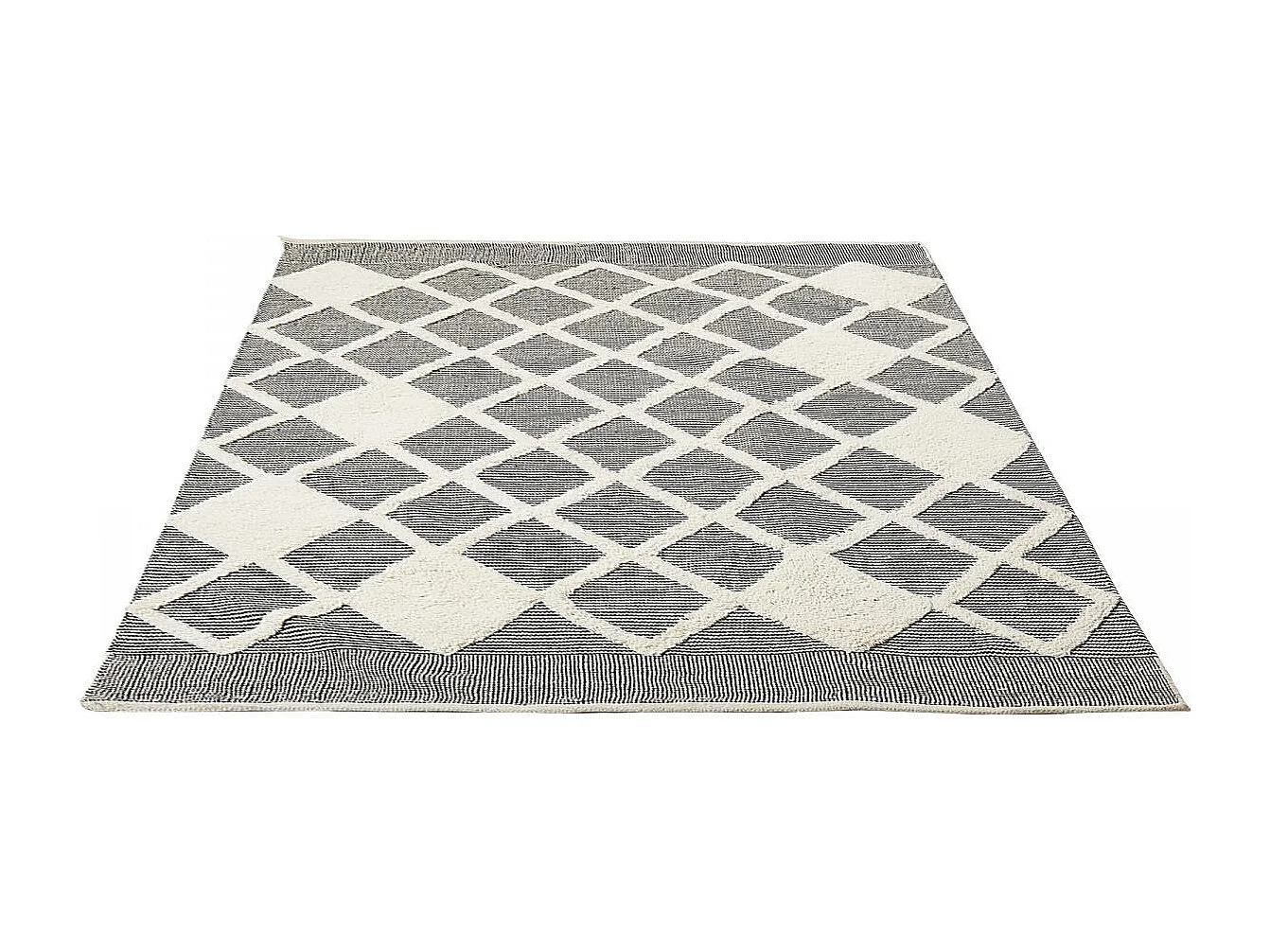 tapis salon 120x170 fait main en coton gris et crème rectangle motif faux uni