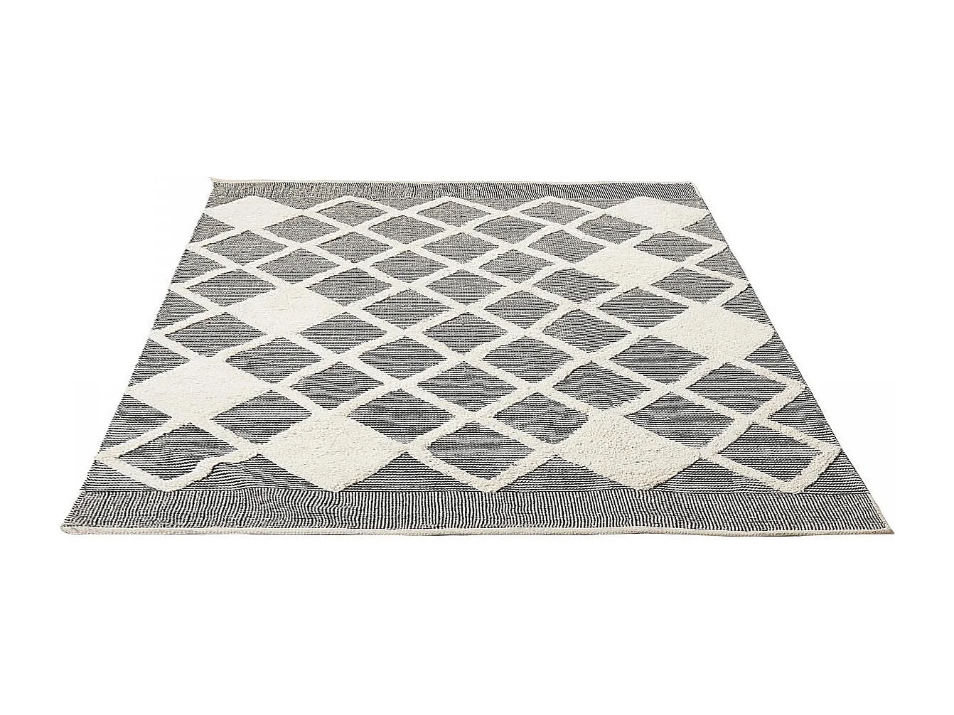 tapis salon 120x170 fait main en coton gris et crème rectangle motif faux uni