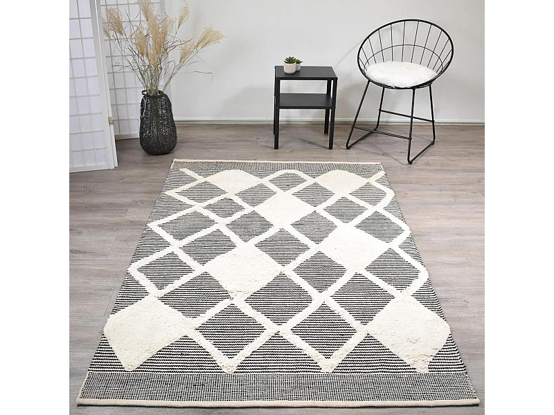 tapis salon 120x170 fait main en coton gris et crème rectangle motif faux uni