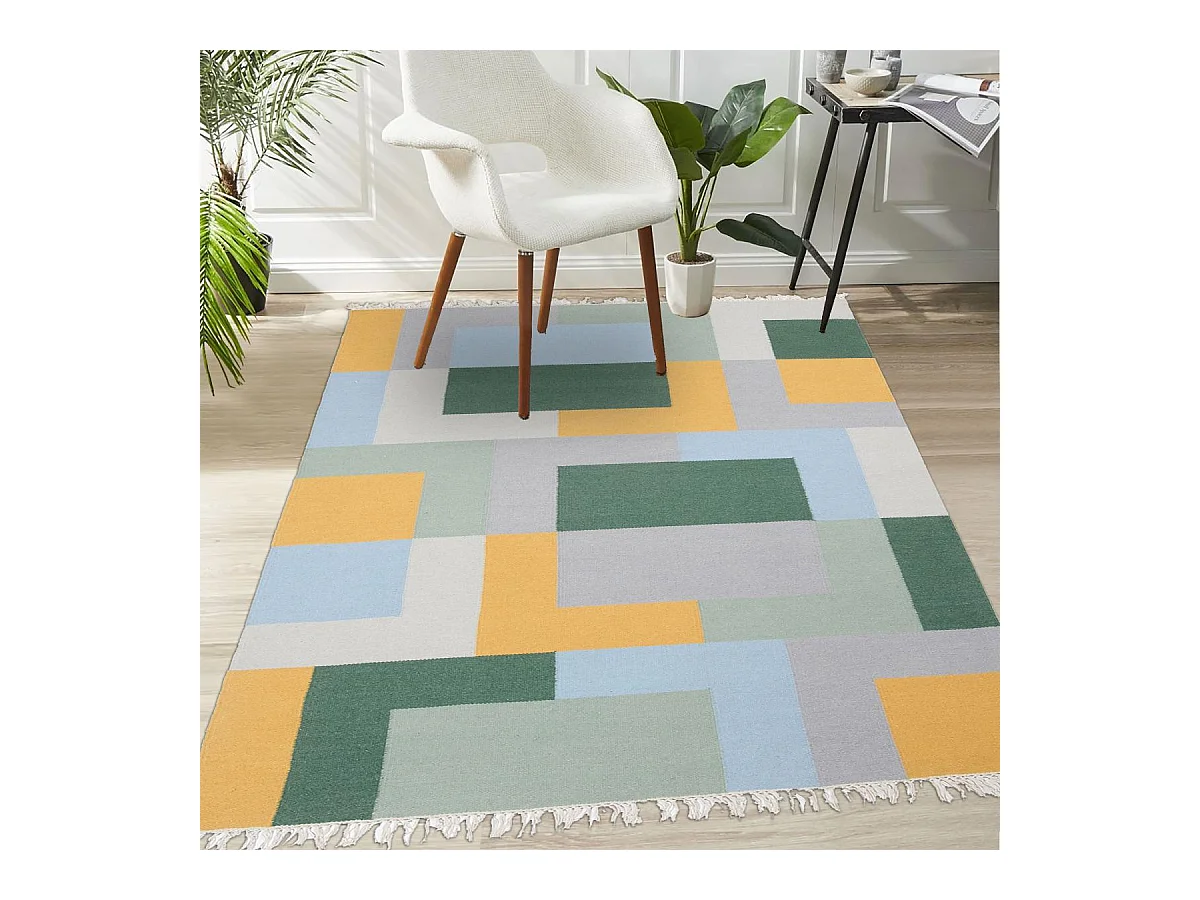 Tapis kilim 160x230 rectangle fait main en laine jaune et vert