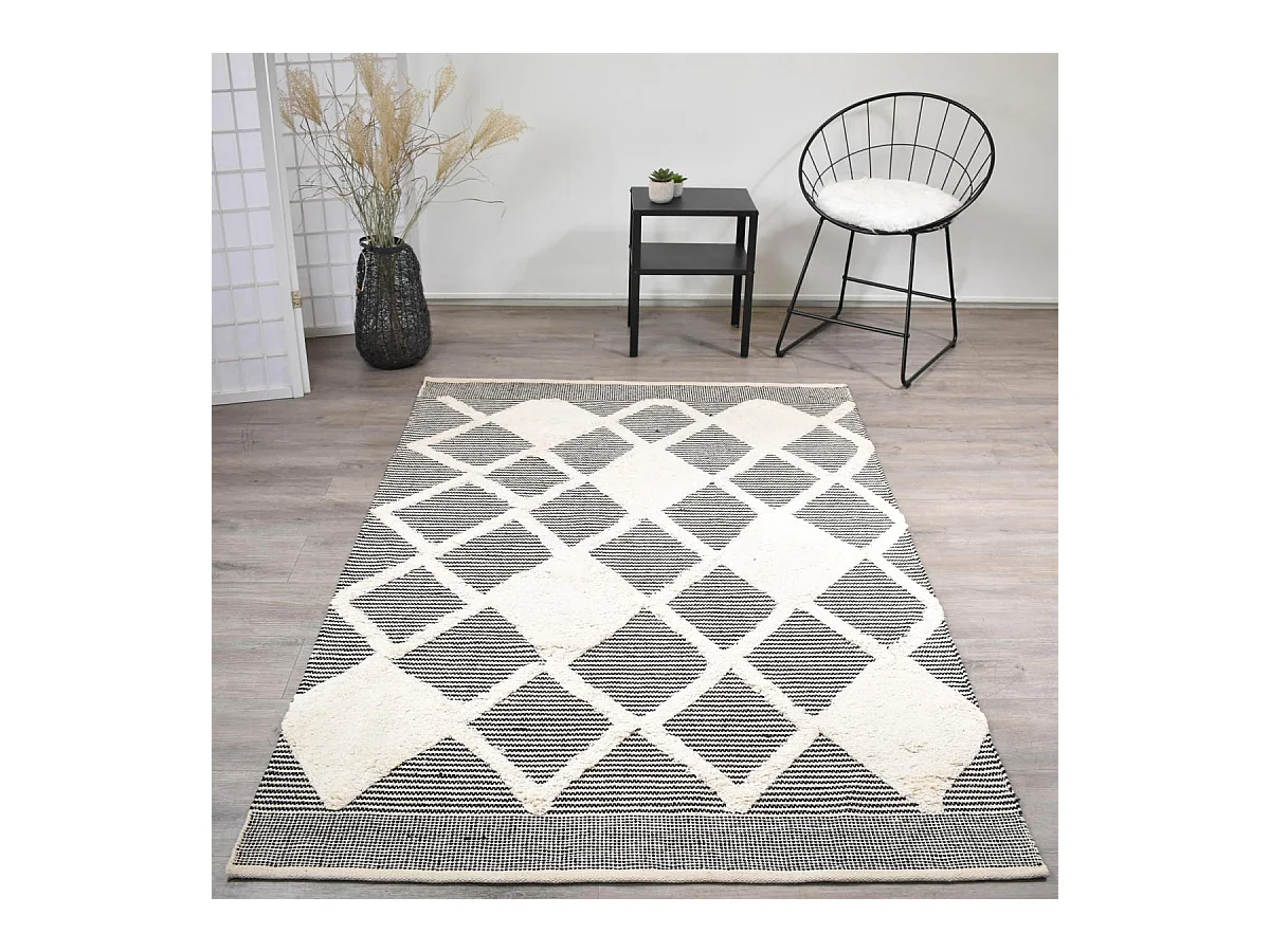 tapis salle à manger 160x230 fait main en coton gris et crème motif faux uni
