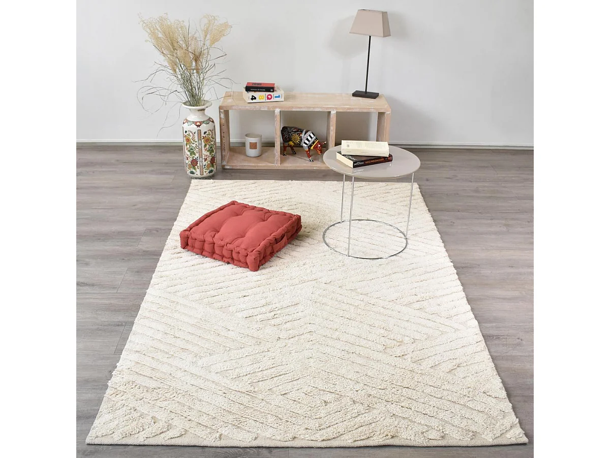 alfombra de salón 120x170 hecha a mano en algodón beige rectángulo imitación liso COTCOLO