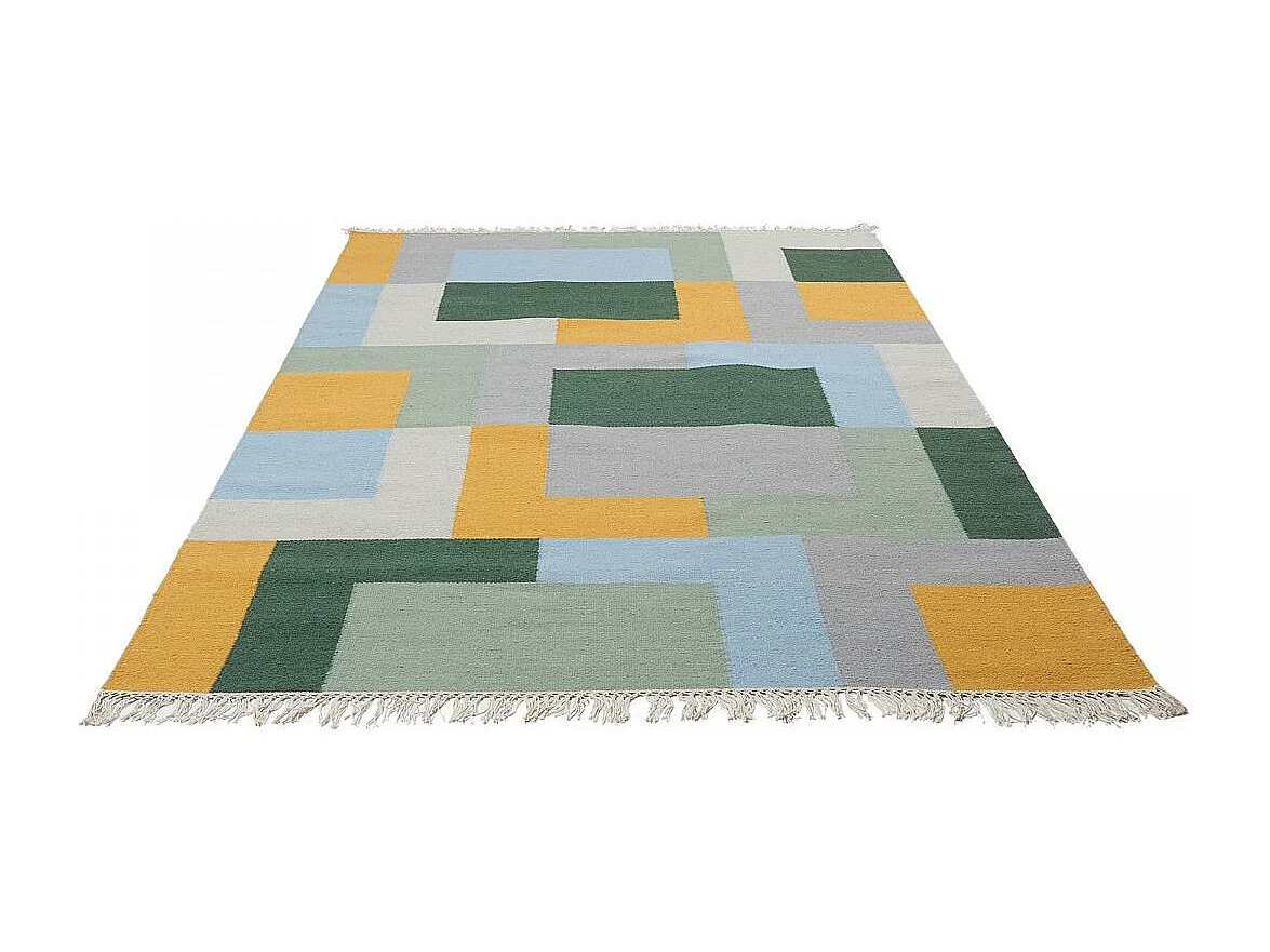 Tapis kilim 120x170 rectangle fait main en laine jaune et vert