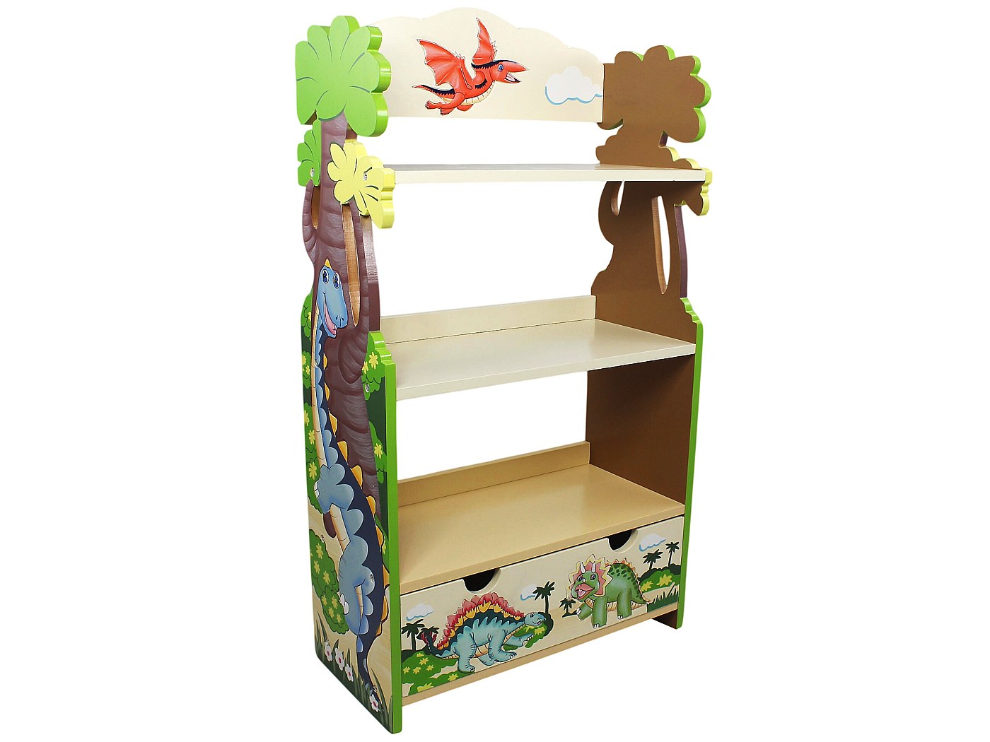 Bibliothèque Murale Enfant En Bois De Pin - 4 étagères, 3 Compartiments, Motif Animaux Jungle - 81x43x8 Cm - 6