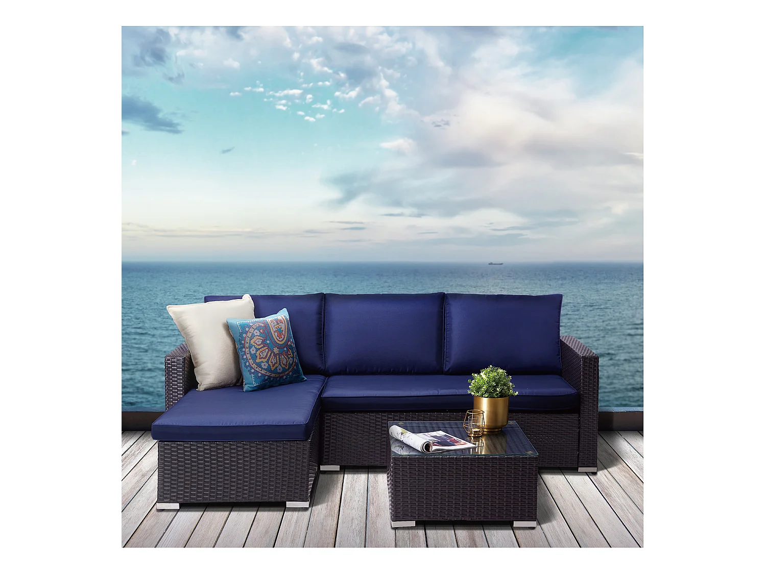 Teamson Home 3-Delig Hoek Loungeset - Tuinmeubelen - Tuinbank - Omvat Tafel en Kussens - Rotan - Bruin/Blauw