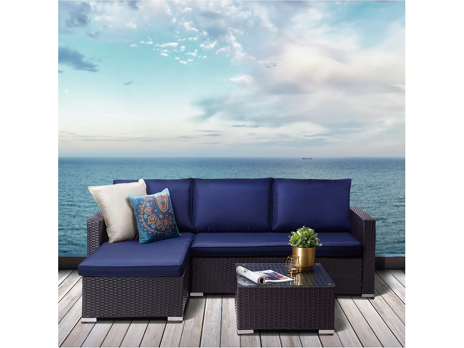 Salon de jardin extérieur 3 pièces 1 table basse 1 canapé 1 fauteuil