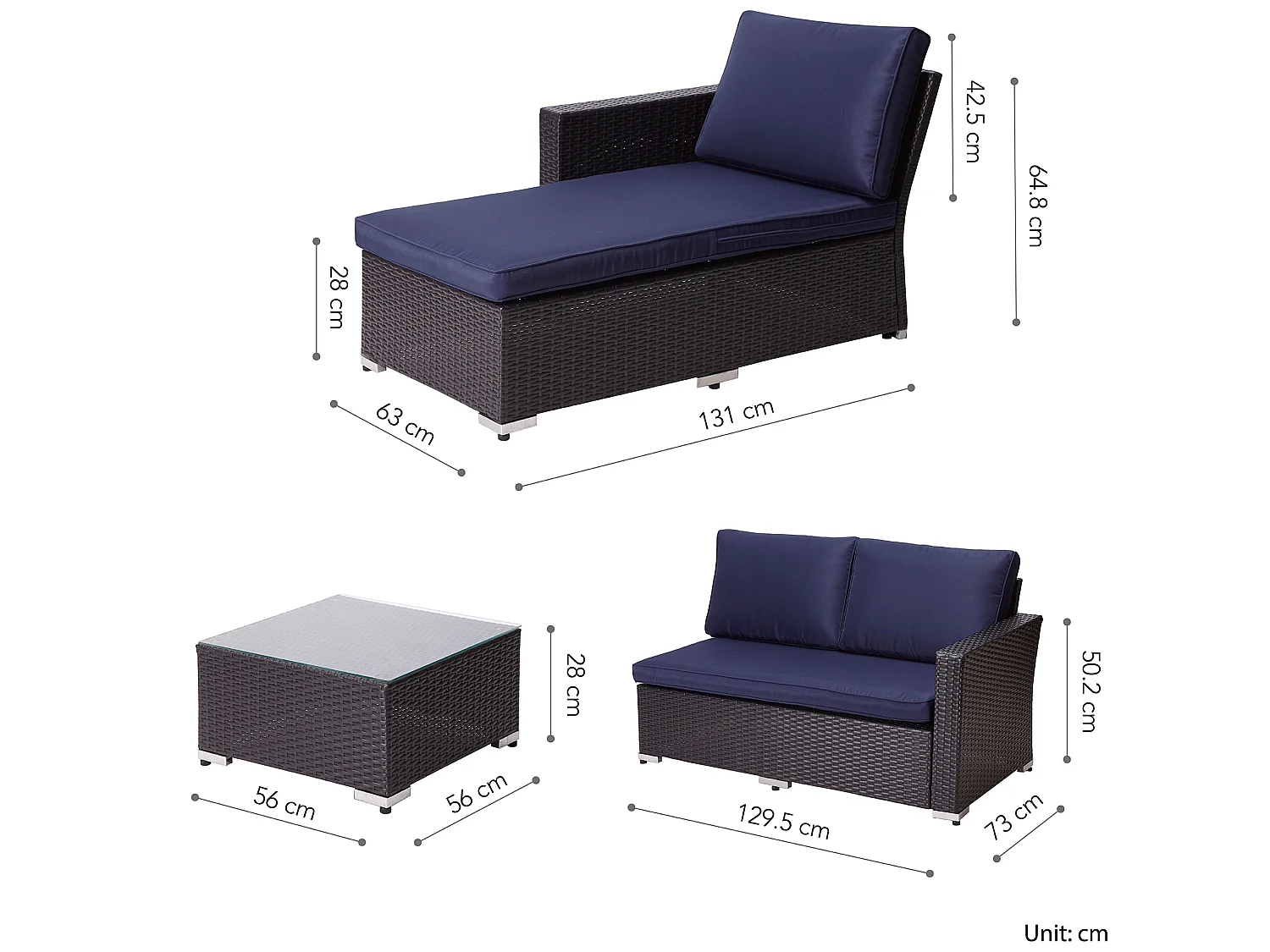 Salon de jardin extérieur 3 pièces 1 table basse 1 canapé 1 fauteuil