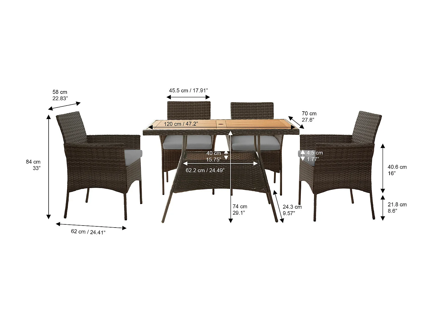 Teamson Home 5-Delig Tuinset - Tuinmeubelen - Eethoeken - Tafel en 4 Stoelen - Bruin/Crème