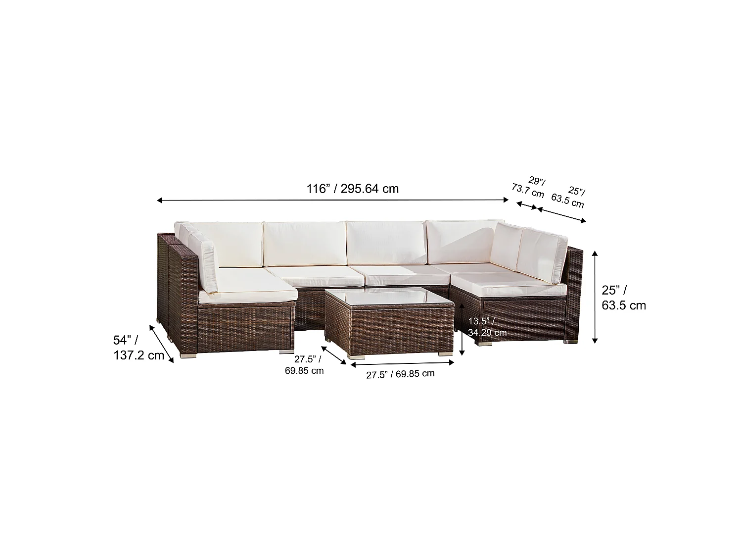 Teamson Home 7-Delige Grote Hoek Loungeset - Tuinmeubelen - Tuinbank - Omvat Tafel en Kussens - Rotan - Bruin/Wit
