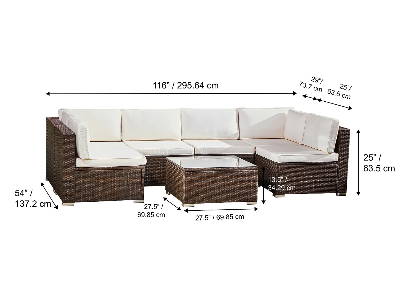 Teamson Home 7-Delige Grote Hoek Loungeset - Tuinmeubelen - Tuinbank - Omvat Tafel en Kussens - Rotan - Bruin/Wit