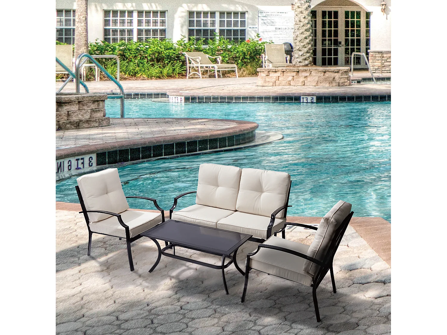 Teamson Home 4-Delig Tuinset - Tuinmeubelen - 3 Stoelen en Tafel - Metaal - Zwart/Biege