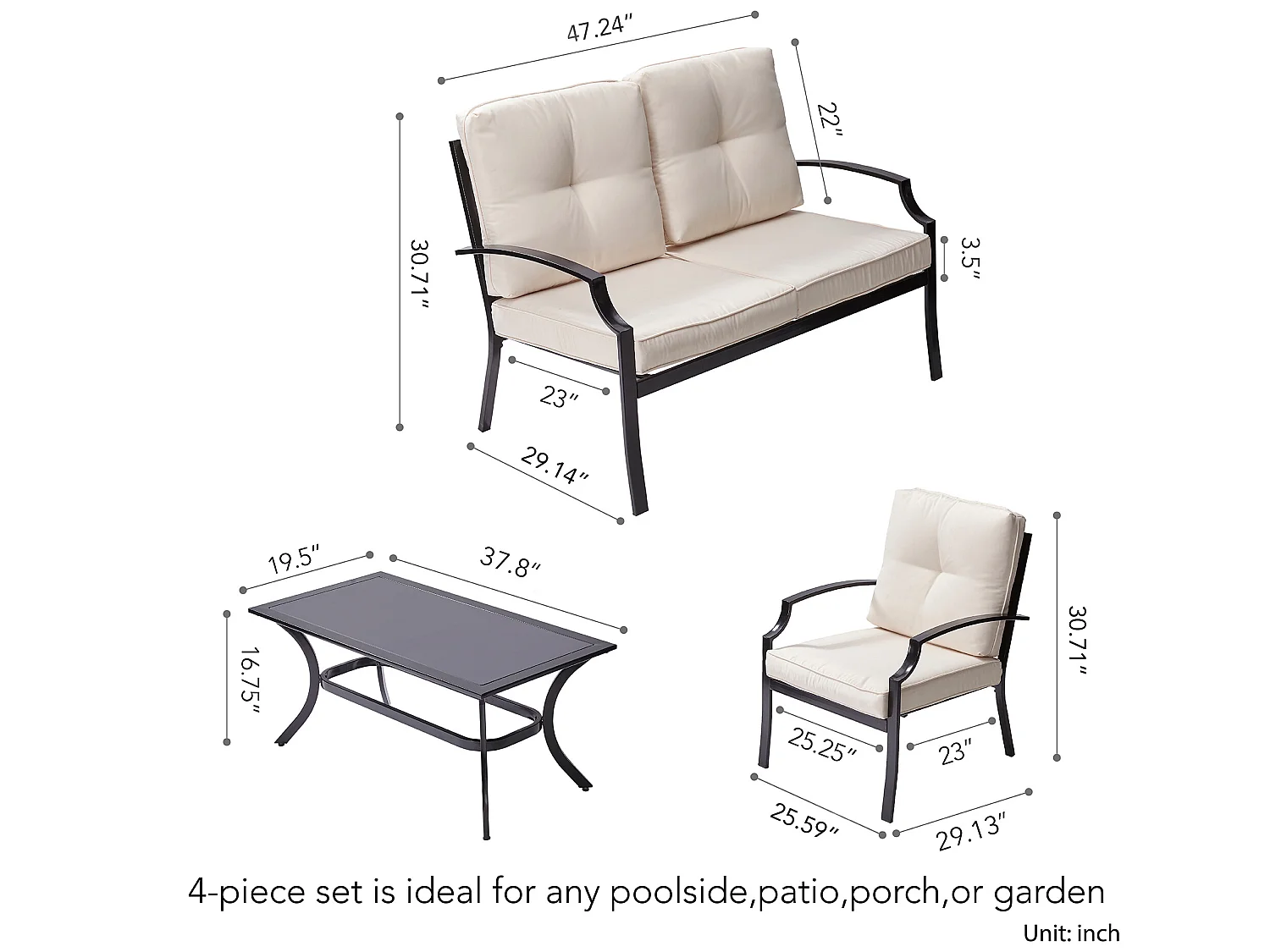 Teamson Home 4-Delig Tuinset - Tuinmeubelen - 3 Stoelen en Tafel - Metaal - Zwart/Biege
