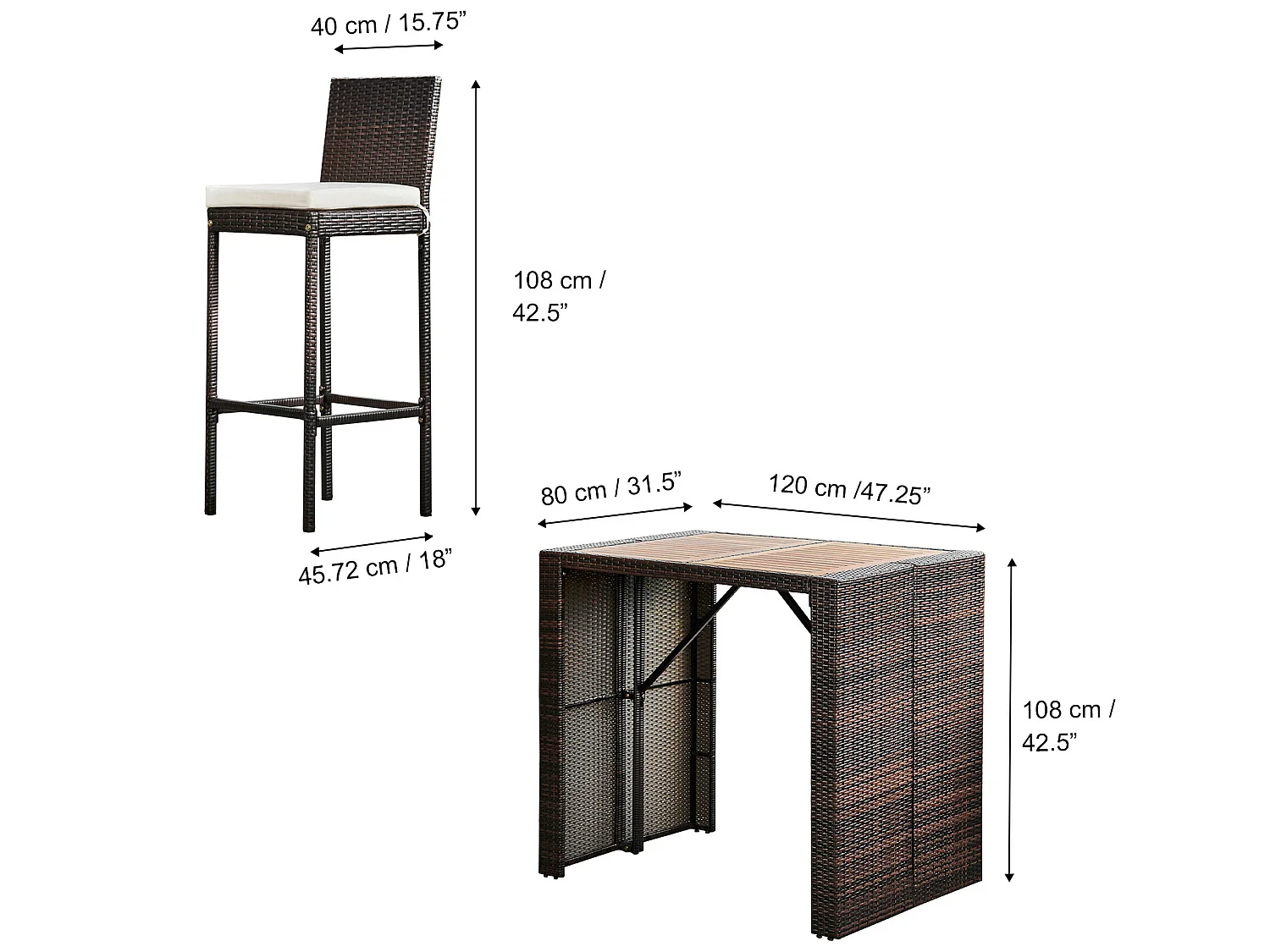 Teamson Home 5-Delig Tuinset - Tuinmeubelen - Hoge Bar Eethoeken Tafel en 4 Stoelen - Rotan - Bruin