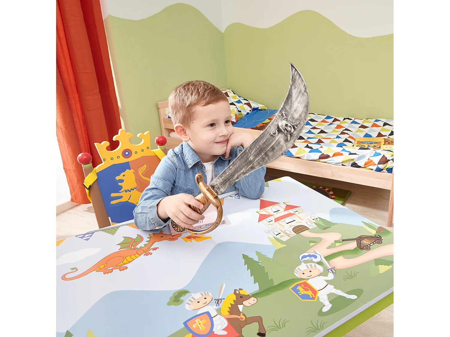 Teamson Kids Houten Tafel en Stoelen Set Voor Kinder - Kinderslaapkamer Accessoires - Ridder & Draak Ontwerp