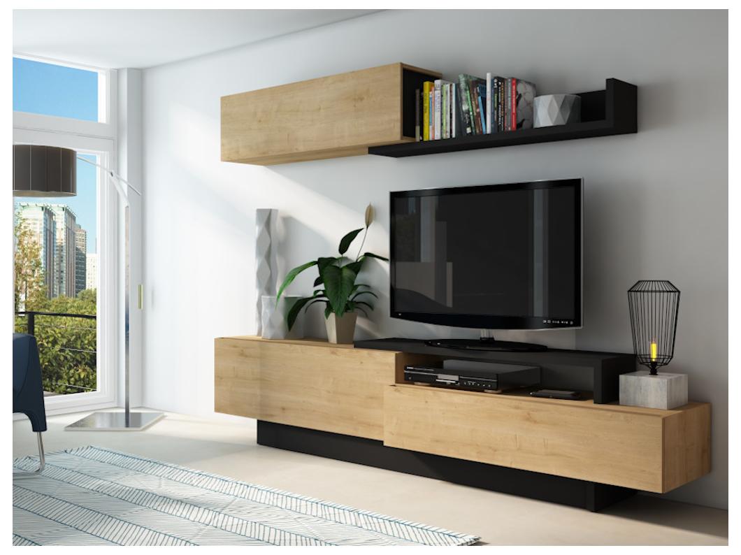 Mueble TV MONTY con compartimentos - Color roble y antracita