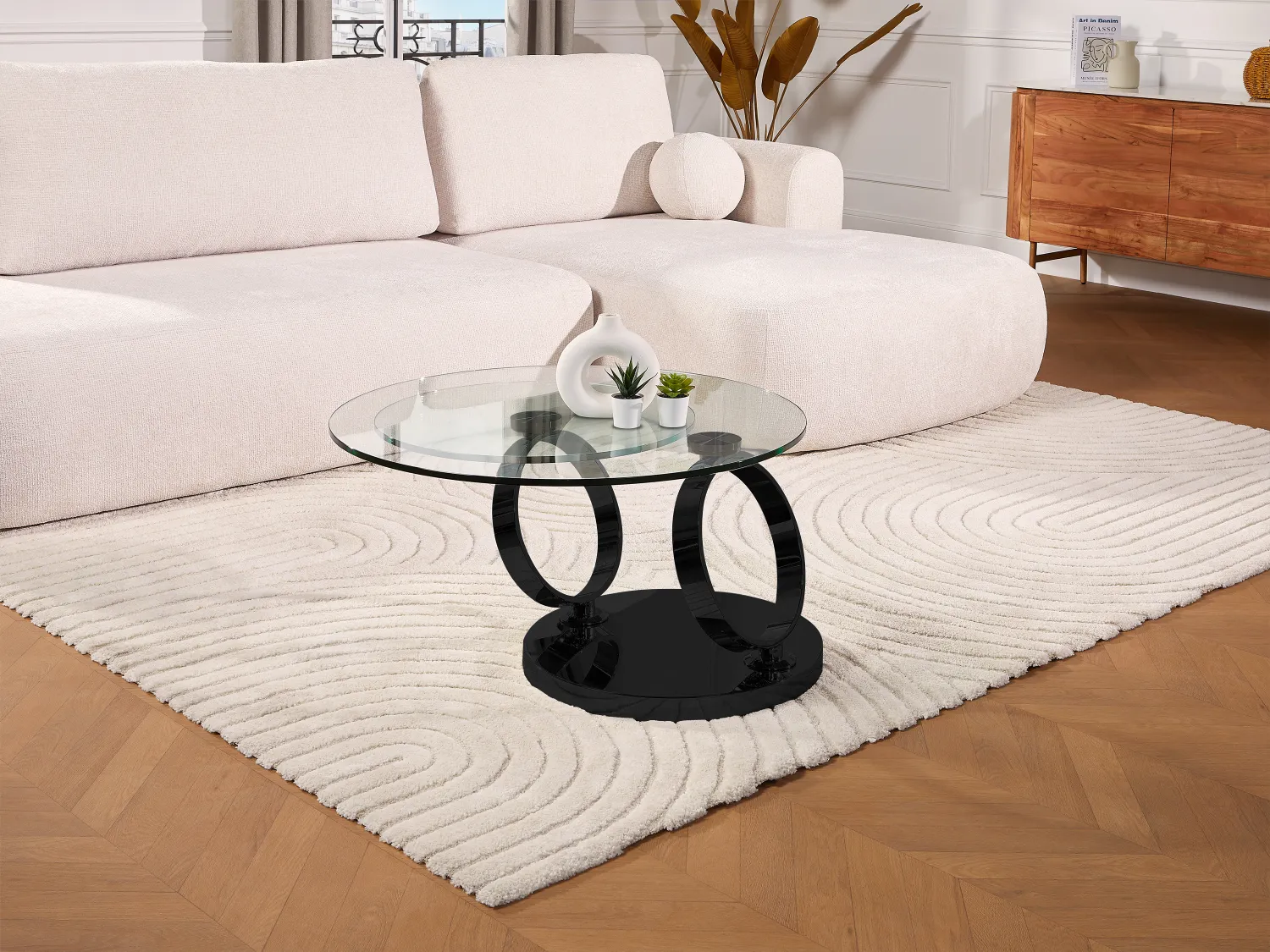 Mesa de centro con tableros pivotantes JOLINE - Cristal templado y pie cromado negro 