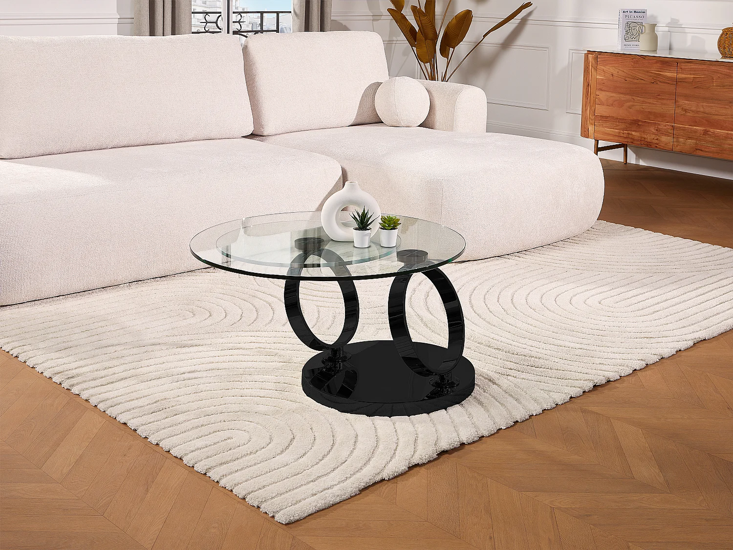 Table basse avec plateaux pivotants JOLINE - Verre trempé transparent et pied chromé noir de Maison Céphy