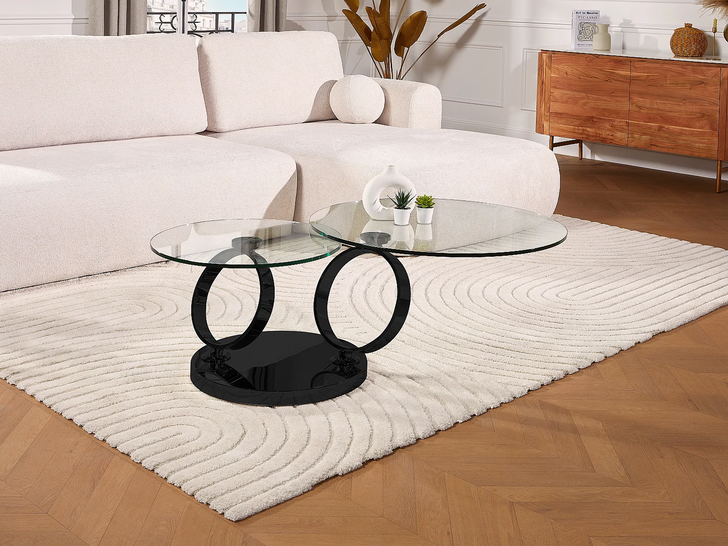Mesa de centro con tableros pivotantes JOLINE - Cristal templado y pie cromado negro