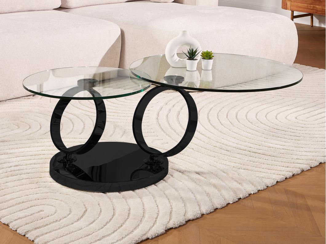 Couchtisch mit drehbaren Tischplatten - Sicherheitsglas & Metall - Transparent & Schwarz - JOLINE