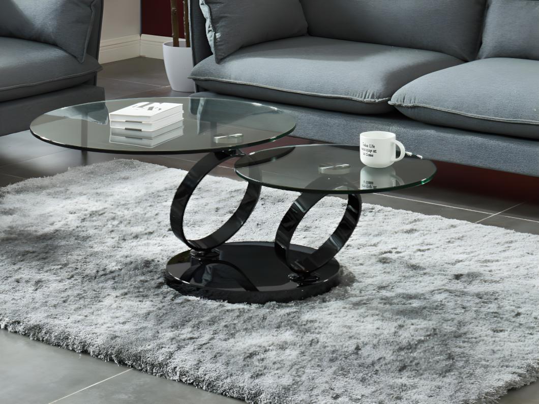 Salontafel met draaiblad JOLINE - Gehard transparant glas & zwart gechromeerde poten
