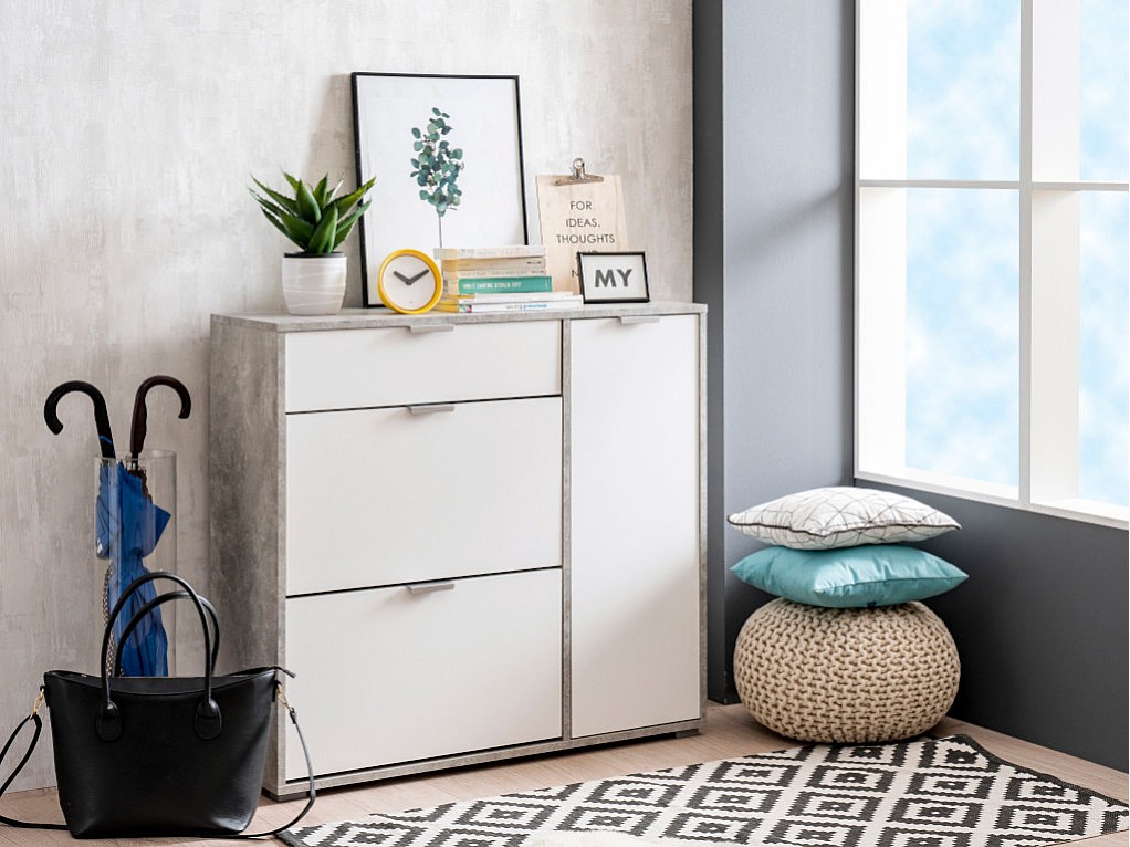 Schuhschrank Schuhkipper mit 1 Tür, 2 Ablagen & 1 Schublade - Weiß/Beton-Op günstig online kaufen