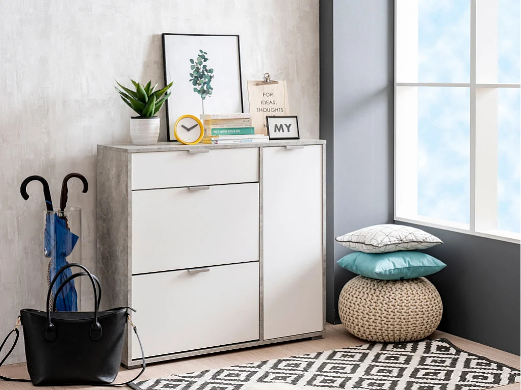 Schoenenkast ARIETTA - 2 vlakken, 1 deur en 1 lade - Kleur: wit & beton