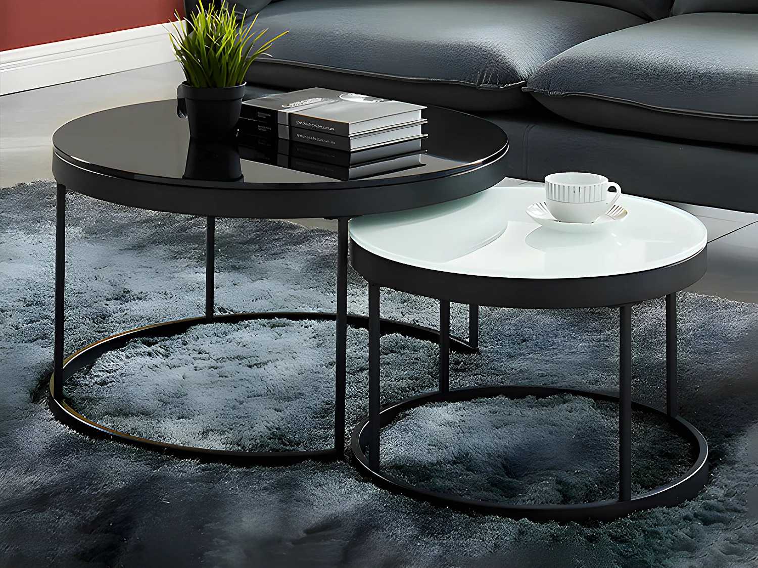 Mesas de centro empilháveis BILLIE - Vidro temperado e metal - Preto e branco