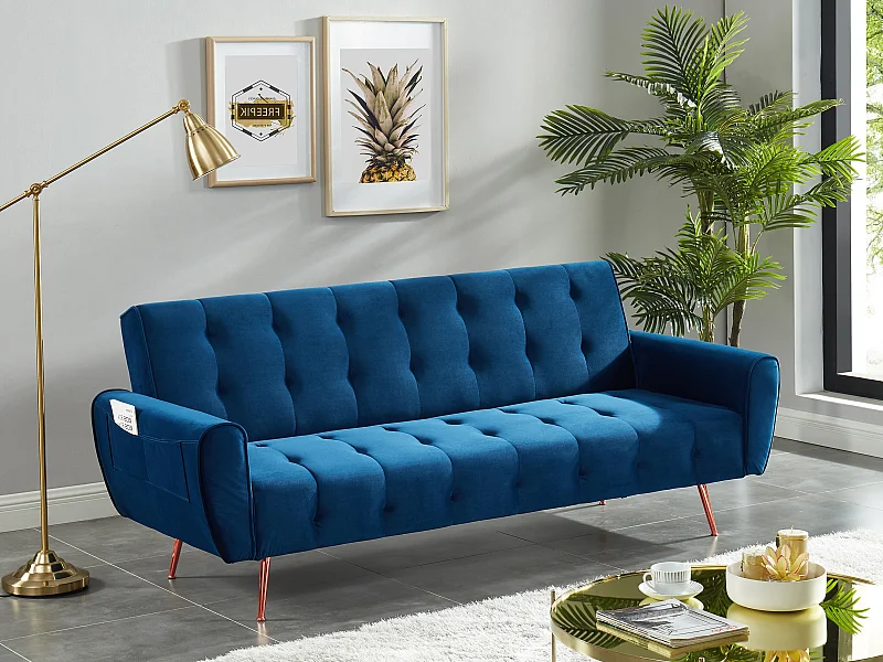 Sofá cama de 3 plazas de terciopelo POLANI - Azul noche