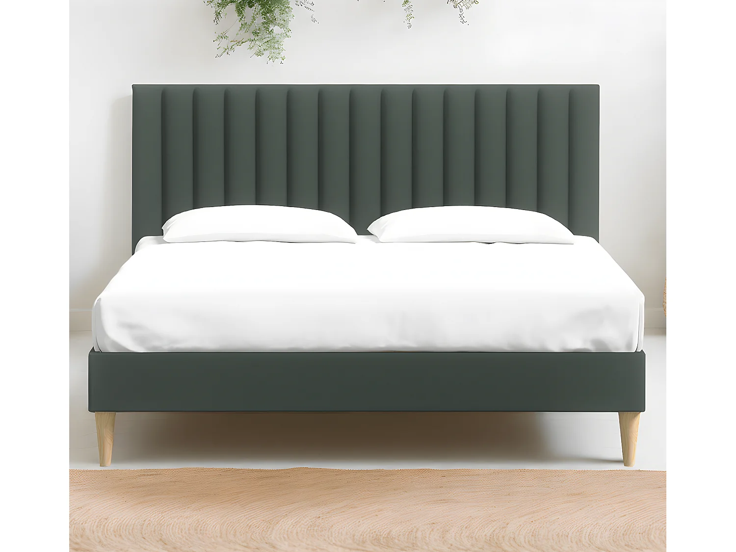 Lit adulte 140x190 cm en velours vert avec tête de lit matelassée - Eliot