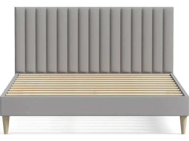 Lit adulte 140x190 cm en velours gris clair avec tête de lit matelassée - Eliot