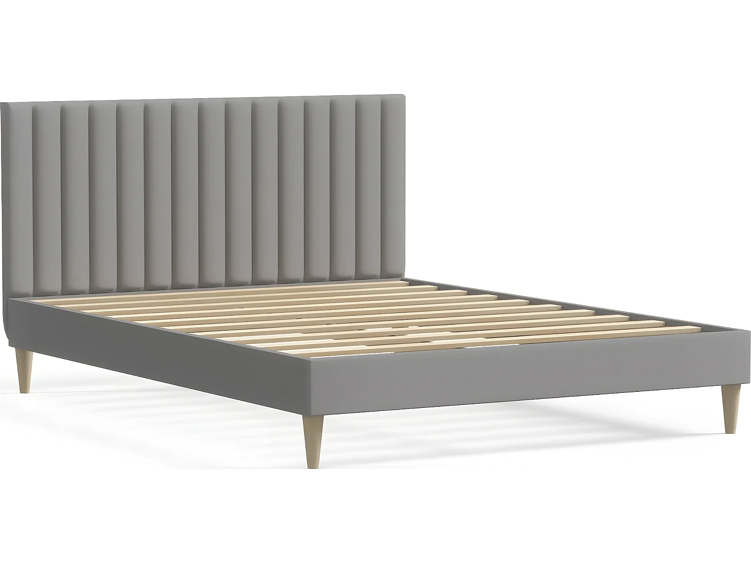 Lit adulte 140x190 cm en velours gris clair avec tête de lit matelassée - Eliot