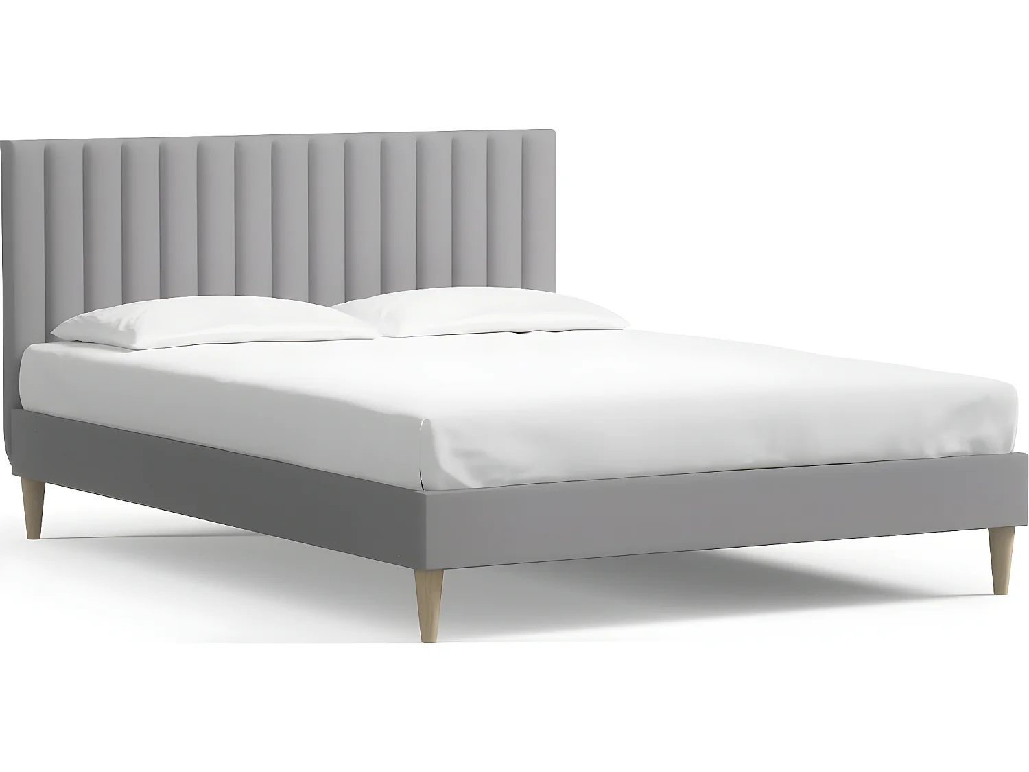 Lit adulte 140x190 cm en velours gris clair avec tête de lit matelassée - Eliot